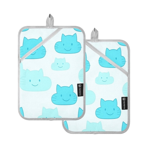 Cat Faced Clouds Pattern Set of 2 Heat-Resistant Quilted Pads, Silver Polyester, 7" x 9.8"