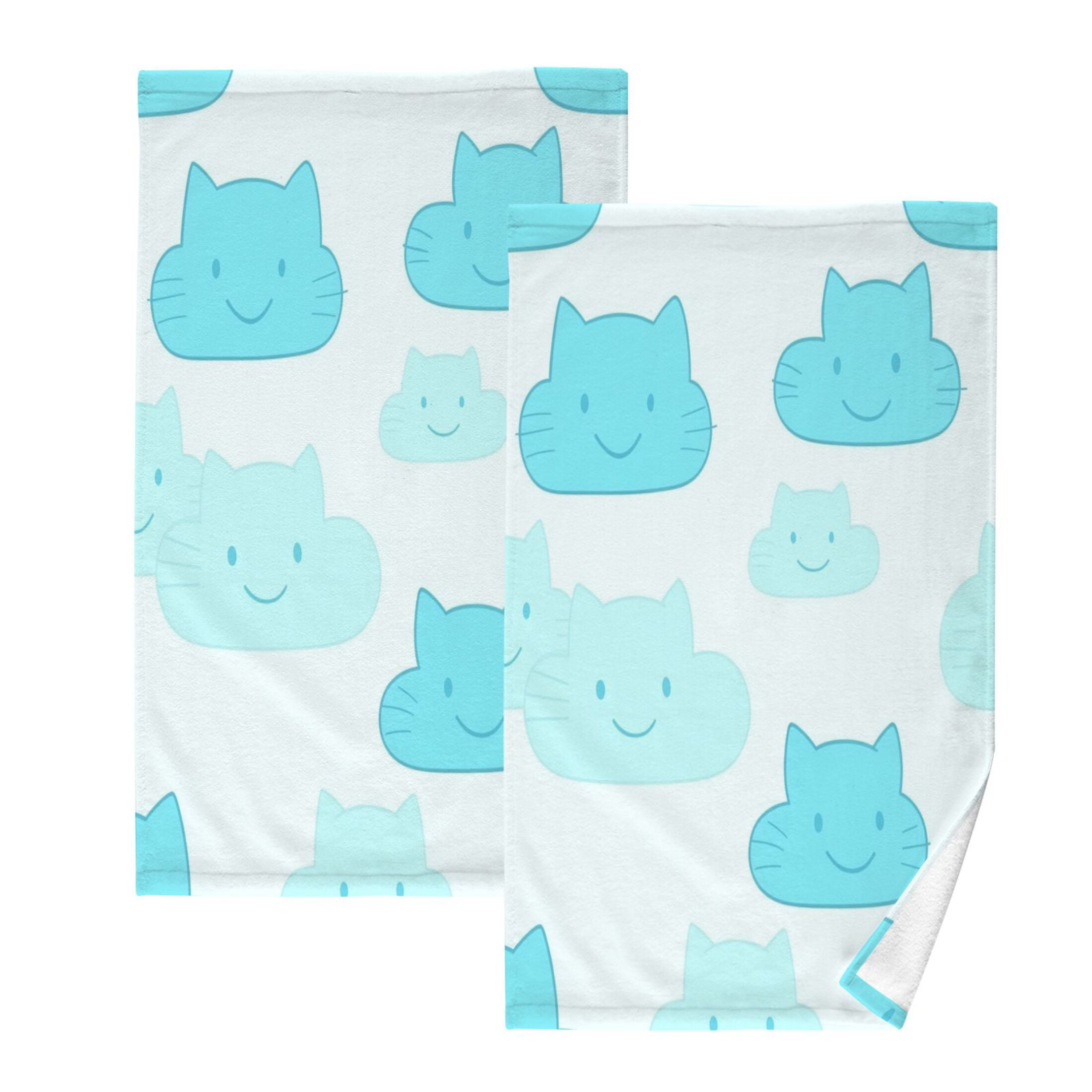 Cat Faced Clouds Pattern Set of 2 Pure Cotton Towels, 16'' x 28'', Highly Absorbent and Soft