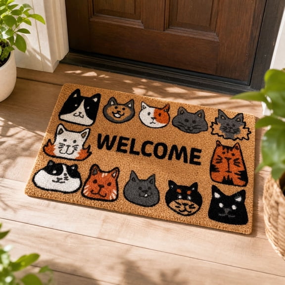 Cat Faces Coir Welcome Doormat, Cute Multi-Kitten Printed Entry Mat for Front Door Porch Decor