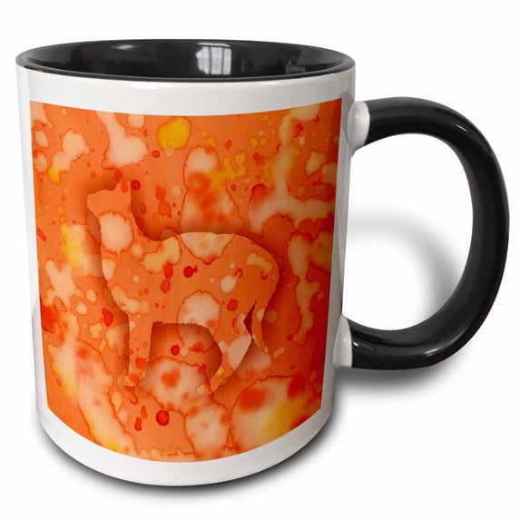 3drose, Cat Facing Left over Orange Watercolour Splashes Background, 15oz Two-tone Black Mug