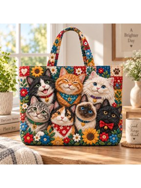 Cat Fall Floral Cute Cats Quilted Tote Bag, Patchwork Handbag, Floral Kitty Tote Gift for Cat Lover Women