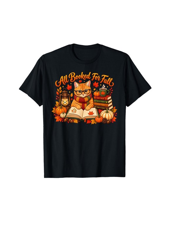 Cat Fall Reading Pumpkin Book All Booked For Fall Teacher T-shirt