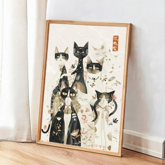 Cat Family Love, Minimalist Japanese Wall Art With Kanji Stamps, Cat Prints Home Decor #1061, Unframed Poster Size 24x36