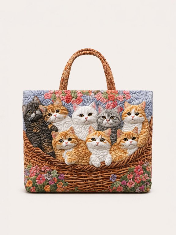 Cat Family Quilted Tote Bag, Cute Cat Lover Shoulder Bag, Cottagecore Kitty Everyday Carryall
