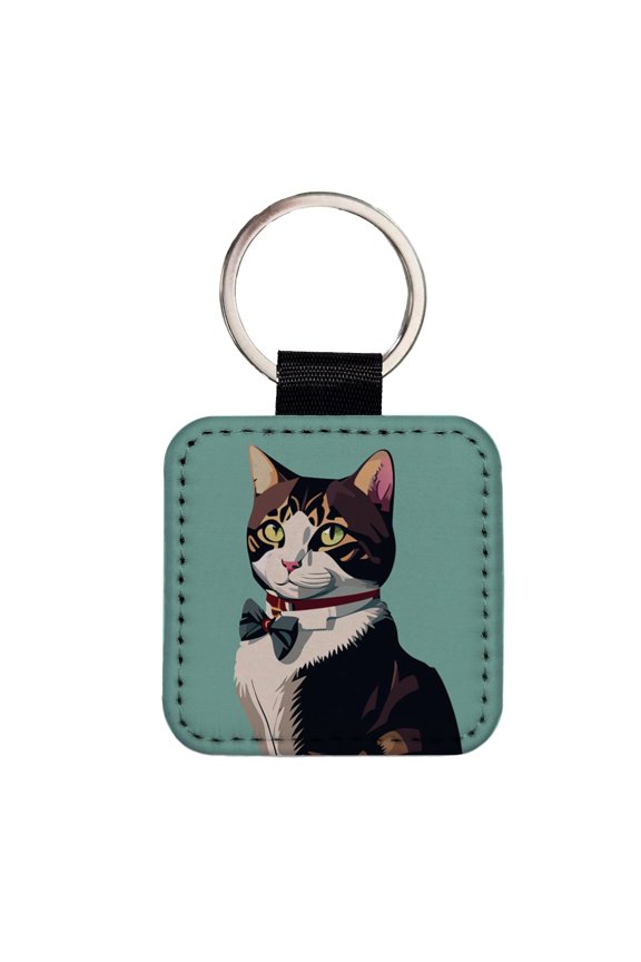 Cat Fancy with Bowtie Faux Leather Square Keychain