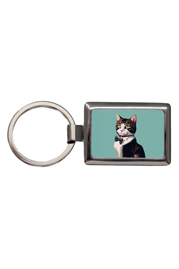 Cat Fancy with Bowtie Metal Rectangle Keychain