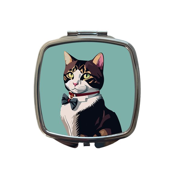 Cat Fancy with Bowtie Travel Makeup Handbag Purse Small Pocket Compact Mirror
