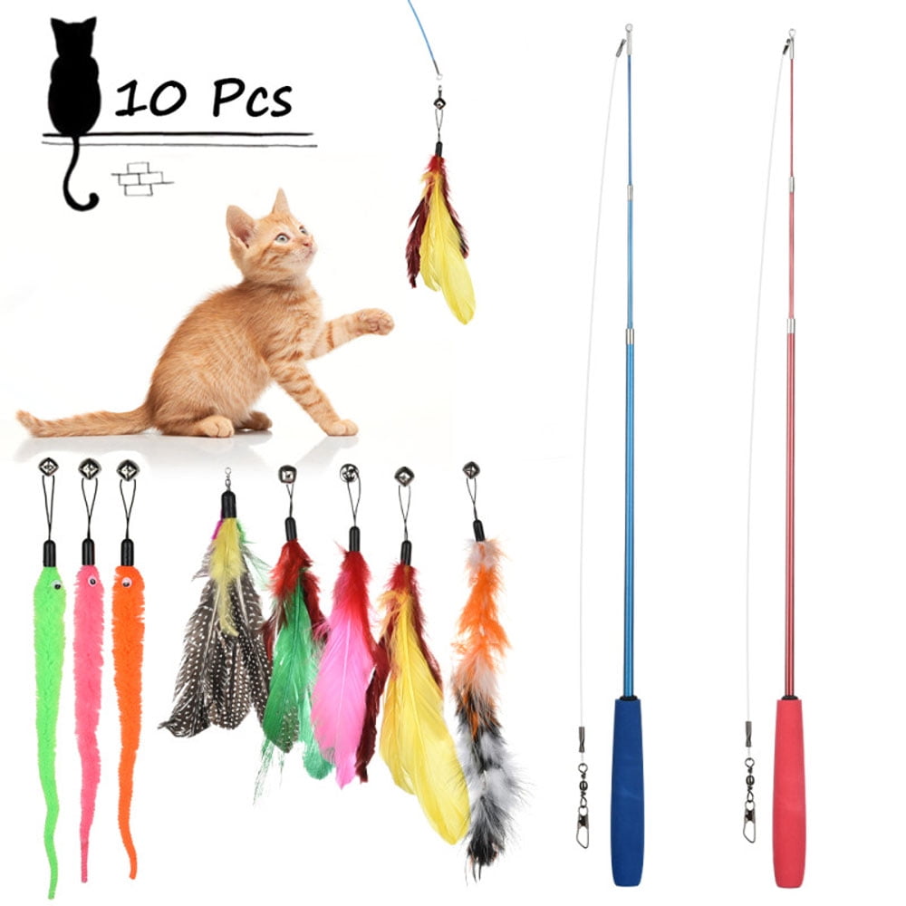 Cat Feather Teaser Toy, 2Pcs Retractable Cat Wands 8Pcs Teaser Refills