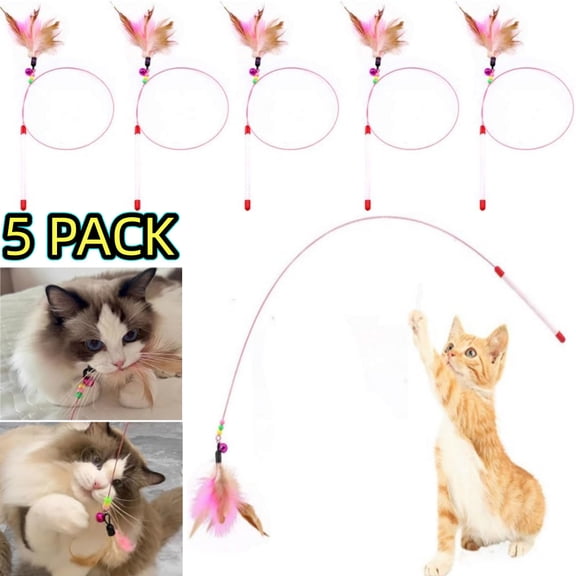 Cat Feather Toy, 5 Pack Interactive Pet Kitten Chaser Teaser Wire Wand with Bell Beads for Cat Exercise Play Fun Gifts