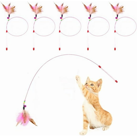 Cat Feather Toy, Cat Toys Wand, Bundle of 5 Pack Interactive Pet Cat Kitten Chaser Teaser Wire Wand with Bell Beads for Cat Exercise Play Fun Gifts