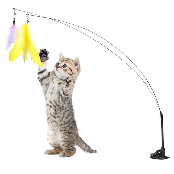 Cat Feather Toy, Double-Headed Cat Wand Toy with Powerful Suction Cup, Fun Feather Bell Interactive Toys for Cats Kittens, 2 Pcs Springy Cat Wands, 2 Pcs Replacement Feathers, 1 Pc Detachable Base