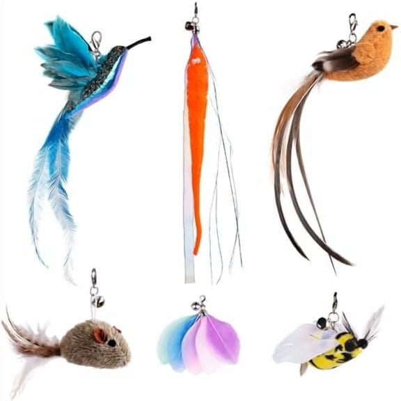 Cat Feather Toy Refills, 6Pcs Simulation Bird Mouse Bee Worm Feather Cat Lures Wand Attachment Replacement for Kitty Kitten Indoor Cats Accessories