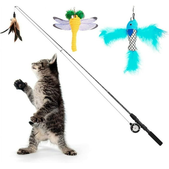 Cat Feather Toys,Interactive Cat feather Teaser Wand Toys, Retractable Fishing Pole Wand Catcher Exerciser with Refill Fish, Dragonfly Worm with Bells, Fun Cat Kitty Playing Toy -4 Pack
