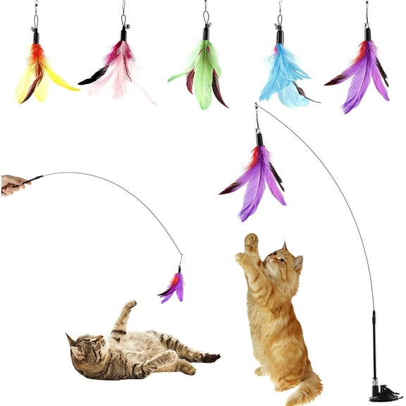 Cat Feather Toys Interactive Cats Cat Powerful Suction Cup Handheld Teaser Wand Toy  with Bell for Kitty Kitten Scratching Exercise Indoor
