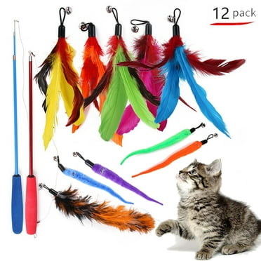Cat Feather Toys, Retractable Wands, 10 Pcs Replacement Colorful Feather Toys with Bell and 2 Wands Interactive Cats