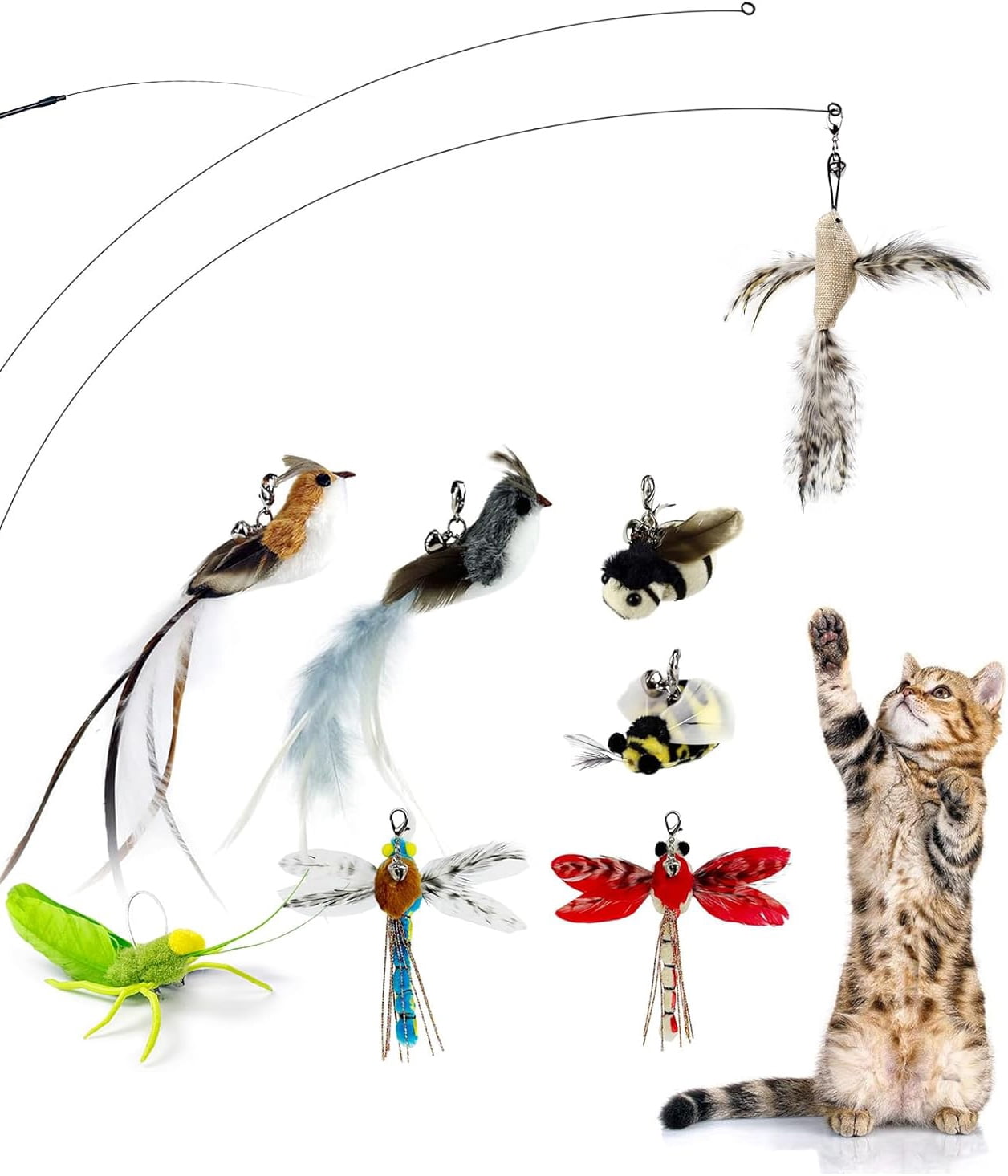 Cat Feather Toys Suction Cup, Cat Wands, Birds and Insects Dragonfly Grasshopper Simulation Feather Refills with Bells, Interactive Toys for Indoor Cats.