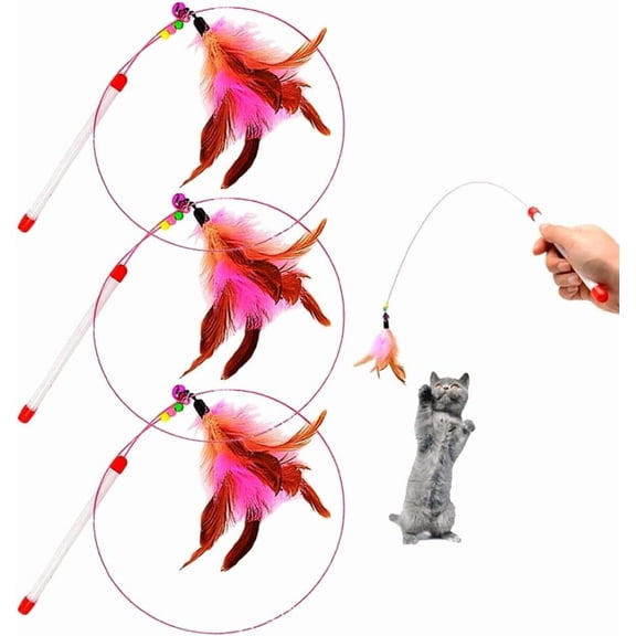 Cat Feather Wand Toy - 3 Pack Steel Wire Feather Interactive Cat Stick Training - Beads Bells Kitten Wand Toys Pet Teaser