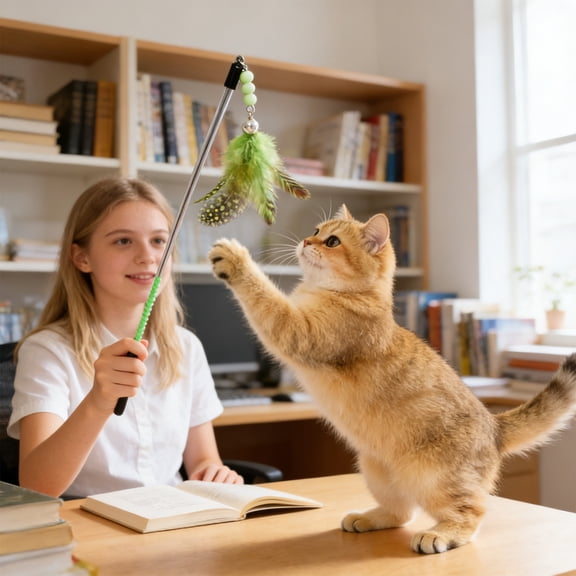 Cat Feather Wand Toy with 360 Spring Rotation and Bells, Tear Resistant Feathers and Ergonomic Handle, Obese Cat Exercise and Weight Loss Training for Indoor Play