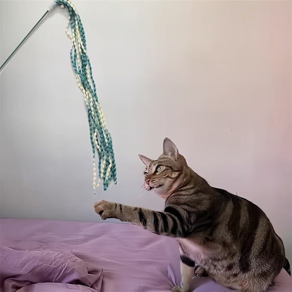 Cat Feather Wand Toys 4 Pack, Interactive Plush Teaser Stick with Bell, Retractable Cat Fishing Pole Toy for Indoor Cats Exercise Playing Fun Kitten Toy Blue