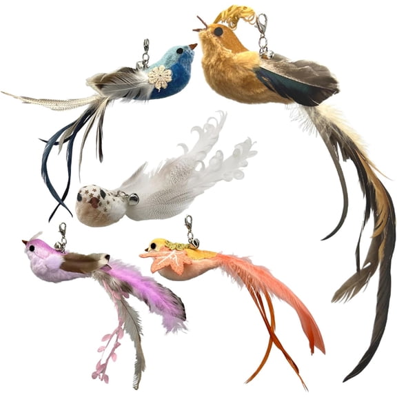 Cat Feathers Toy Refill 5Pcs Brid Shape Cat Wand Toy Refill Cute Flying Bird Attachments with Bells Interactive Toys for Indoor Cats Play and Hunting Skills, No Rod