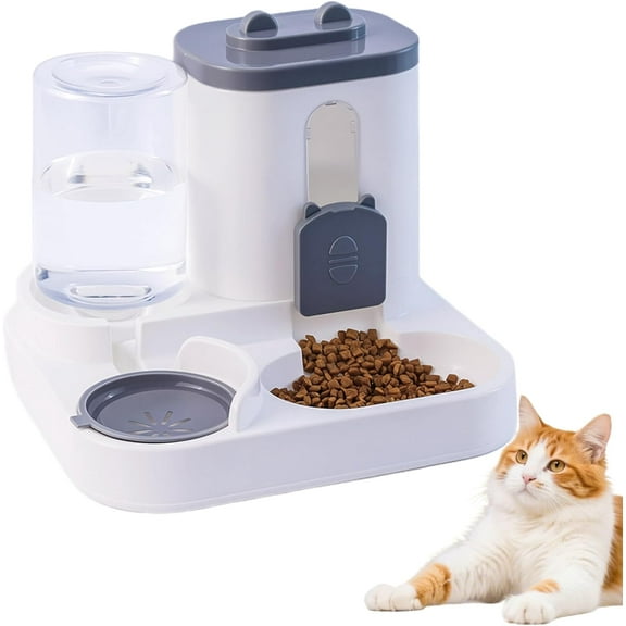 Cat Feeder and Water Dispenser, 2 in 1 Automatic Cat Feeder, 2 Pack Large Capacity Self Feeding for Small Medium Dog Puppy Kitten Grey