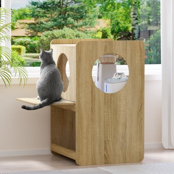 Cat Feeding Station for Water Fountain & Food, Cat Feeding Table with Spill-Proof Mat