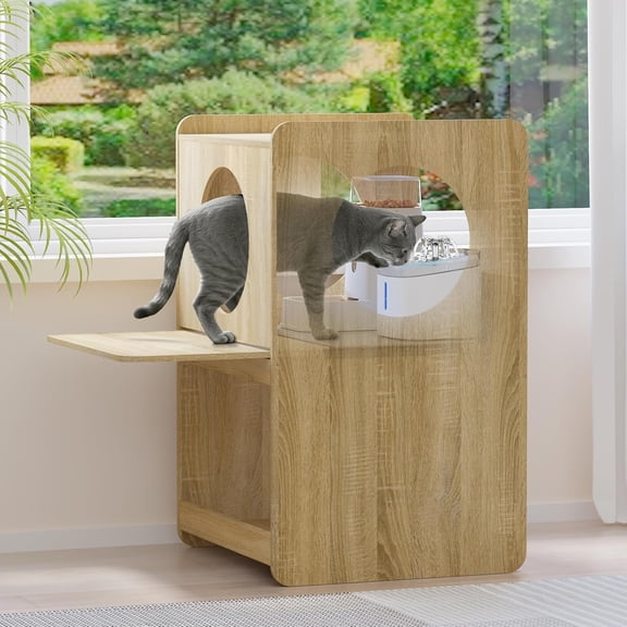 Cat Feeding Station for Water Fountain & Food, Elevated Cat Feeding Table with Spill-Proof Mat, Window Perch and Storage