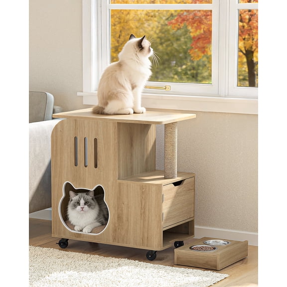Cat Feeding Station with Bowls, Cat Food Table with Moving Wheels, Cat Bed Window Perch with Vertical Scratcher and Mat