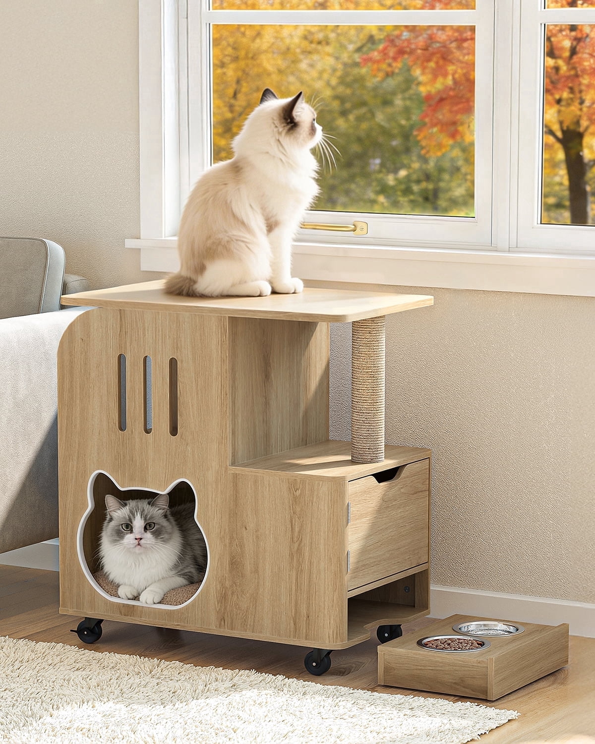 Cat Feeding Station with Bowls, Cat Food Table with Moving Wheels, Cat Bed Window Perch with Vertical Scratcher and Mat