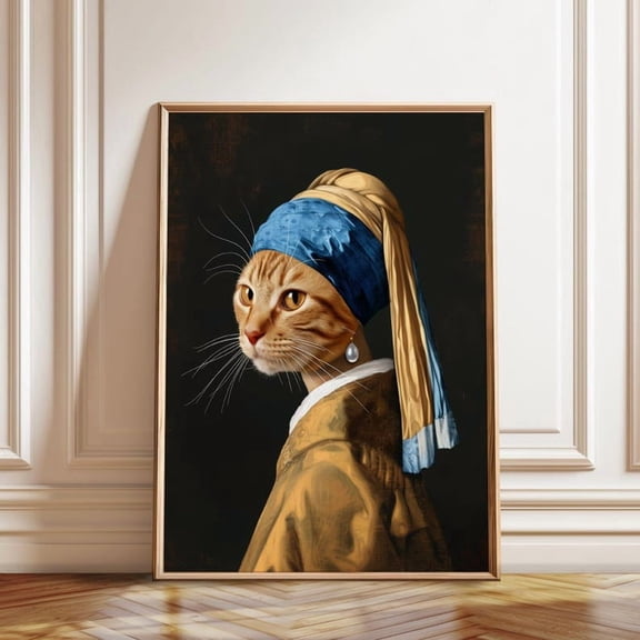 Cat Feline Girl With Pearl Earring Wall Art Print, Unframed Paper Poster 8x10in