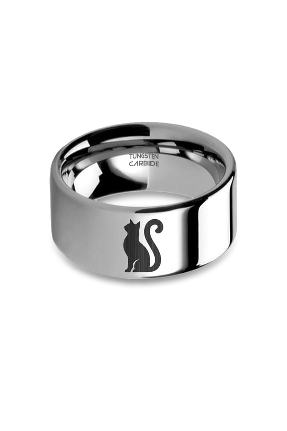 Cat Feline Silhouette Laser Engraved Silver Tungsten Carbide Ring, 10mm, Size 5
