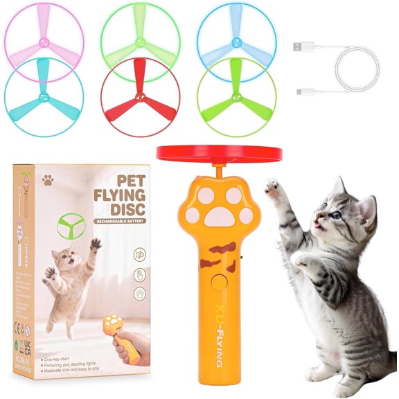 Cat Fetch Toy, 2026 New Rechargeable Flying Disc Launcher with 6 Interactive Flying Saucer Toys, Indoor Interactive Cat Toy for Training, Automatic Kitten Fetch Toy for Endless Fun(RL Yellow 1 Set)