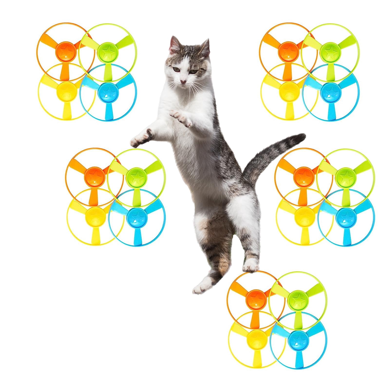 Cat Fetch Toy with Colorful Flying Propellers - Interactive Kitten Chasing Training Toy, Flying Disc Launcher Set for Indoor Outdoor Hunting Play, Pet Enrichment Activity