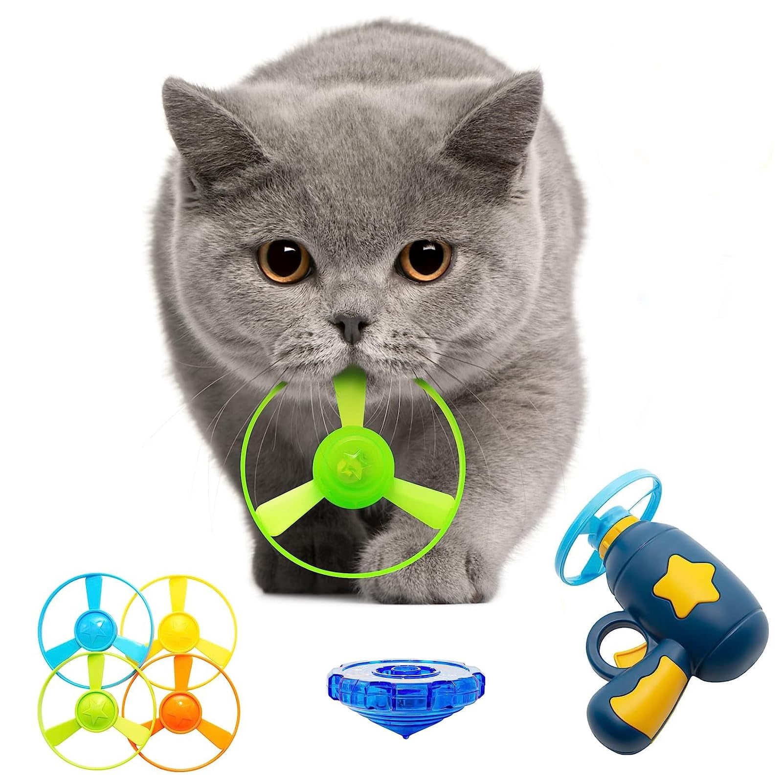 Cat Fetch Toy with Colorful Flying Propellers - Interactive Kitten Chasing Training Toy, Flying Disc Launcher Set for Indoor Outdoor Hunting Play, Pet Enrichment Activity