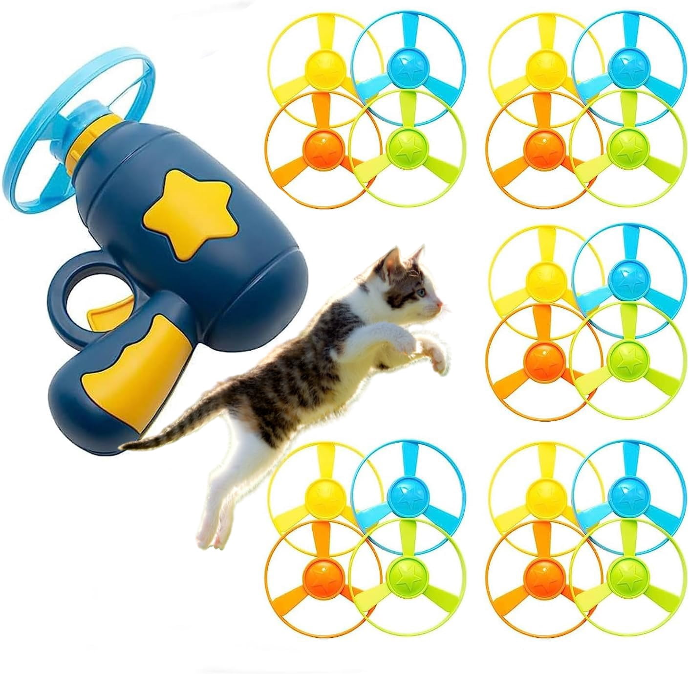 Cat Fetch Toy with Colorful Flying Propellers - Interactive Kitten Chasing Training Toy, Flying Disc Launcher Set for Indoor Outdoor Hunting Play, Pet Enrichment Activity