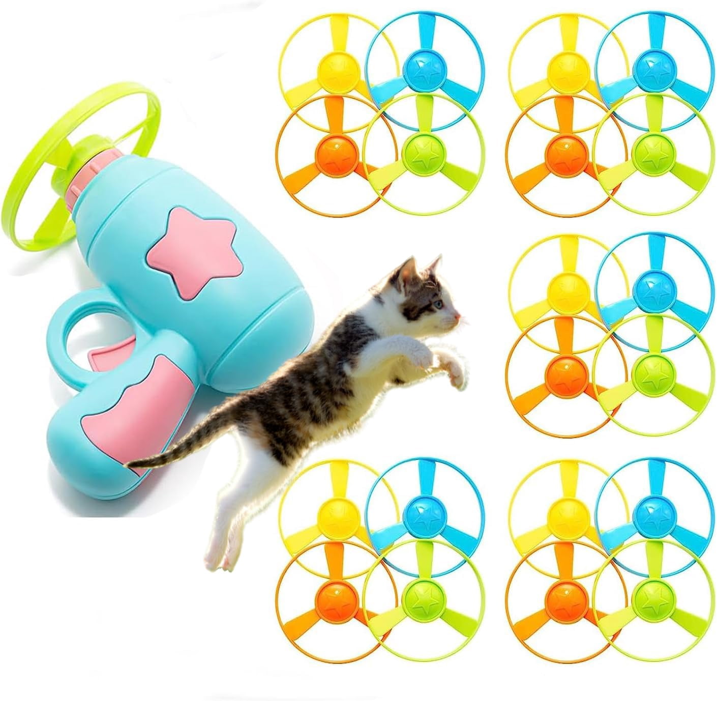Cat Fetch Toy with Colorful Flying Propellers - Interactive Kitten Chasing Training Toy, Flying Disc Launcher Set for Indoor Outdoor Hunting Play, Pet Enrichment Activity