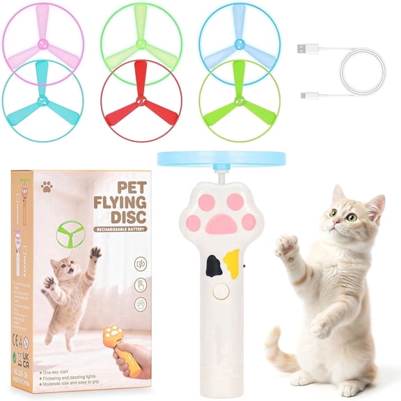 Cat Fetch Toy, Rechargeable Flying Disc Launcher with 6 Flying Discs Noctilucent, Cat Interactive Hunting Toys for Outdoor & Indoor