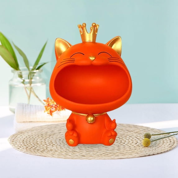 Cat Figurine Storage Box Ornament, Snack Holder Desk Organizer, Novelty Resin Animal Sculpture Lucky Cat Statue for Party Table Decoration Style B