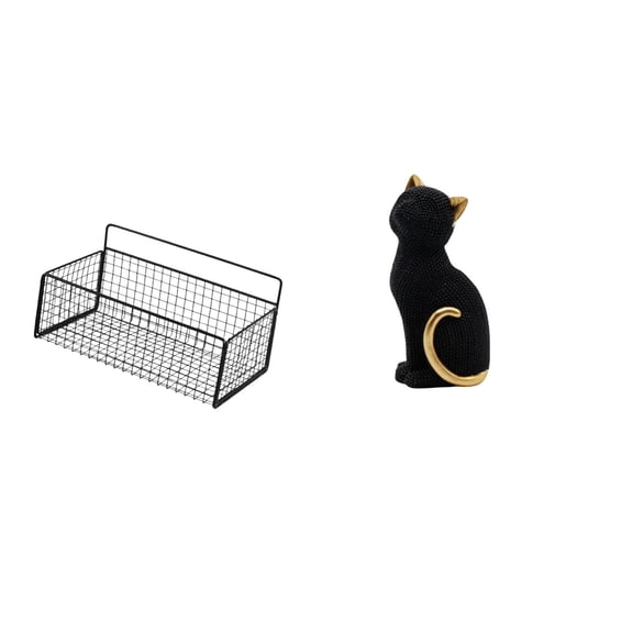 Cat Figurine Wire Basket Sculpture Metal Resin Material for Home Office Shelf Collectible Display