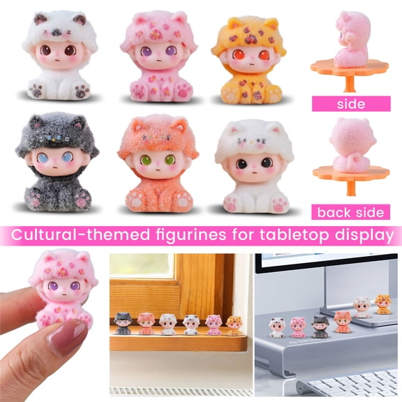 Cat Figurines, Cute Cat Toys, Cute Desk Decor, Small Shelf Decor, 1.25X1.06X0.78 Inch Flocked Miniature Figurine Set of 6, Soft Touch Tiny Seated Character Mini Figures for