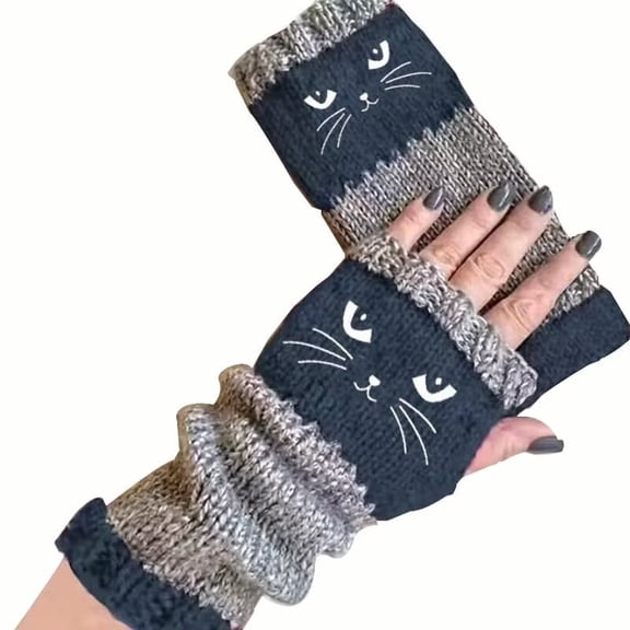 Cat Fingerless Knitted Fingerless Gloves, Embroidery Splicing Knitted Warm and Cozy Mittens. (Navy Blue)