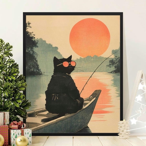 Cat Fisherman Art Print Animal Poster Traditional Fishing Feline ...