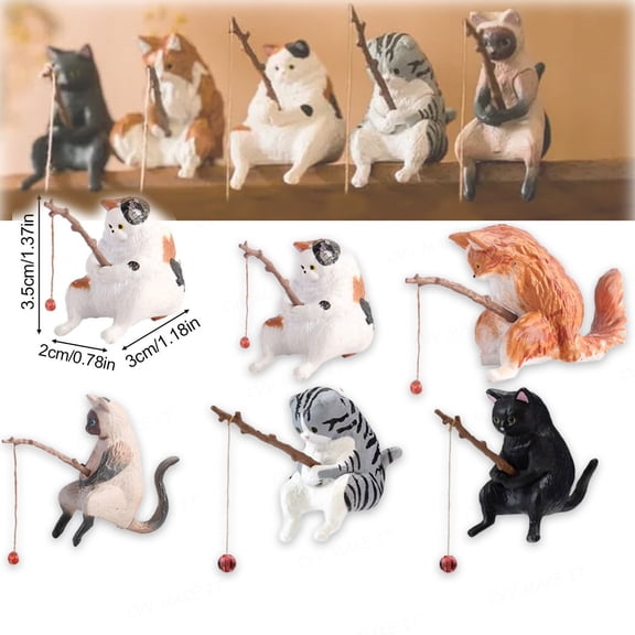 Cat Fishing Figurine Cute Cat Statue Set Set of 5 Resin Mini Fairy Garden Kit Fish Tank Decorations Craft Sculpture for Aquarium Tanks Desk Yard Pond Indoor Outdoor