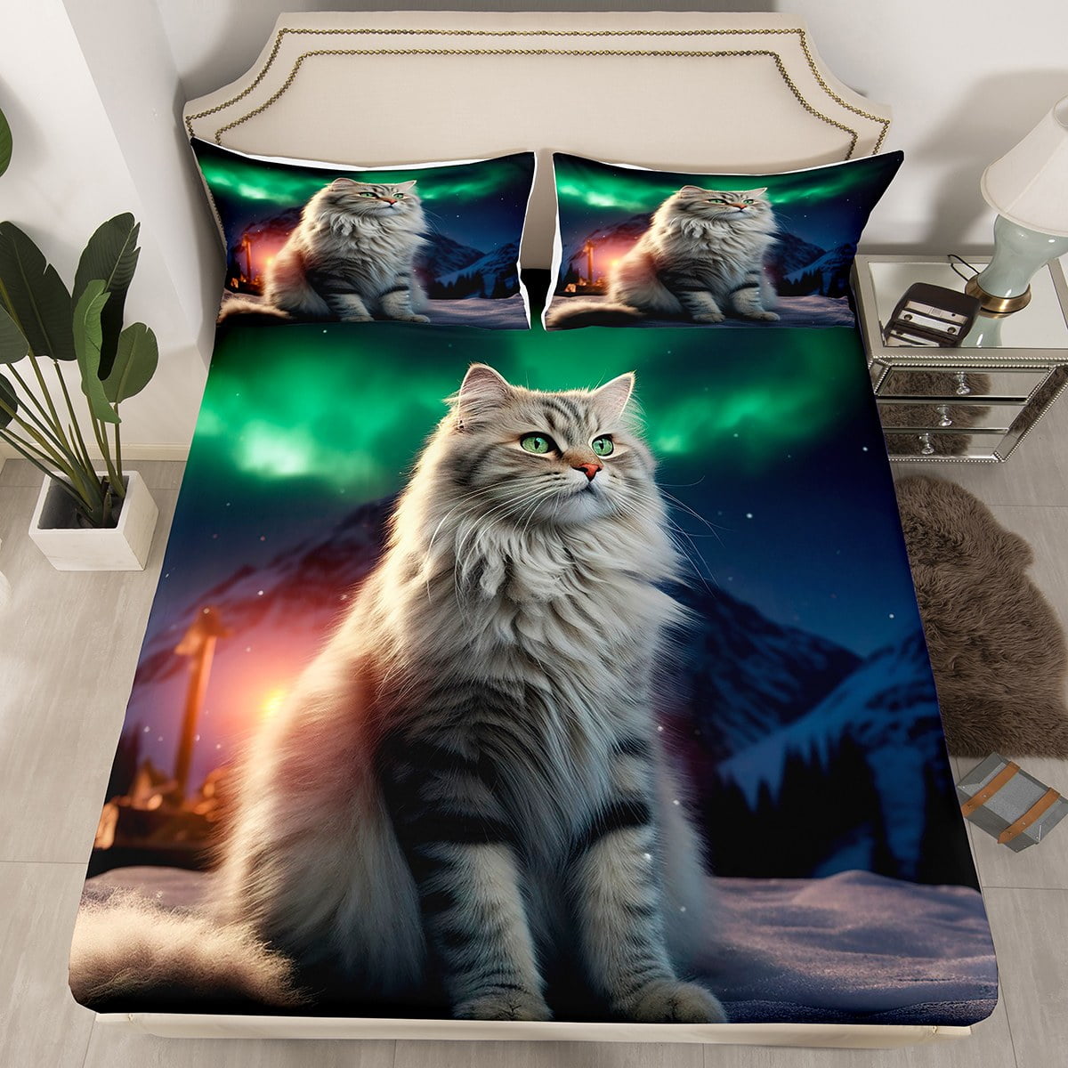 Cat Fitted Sheet Cute Pet Cat Animal Bedding Set 3D Kitten In Galaxy ...