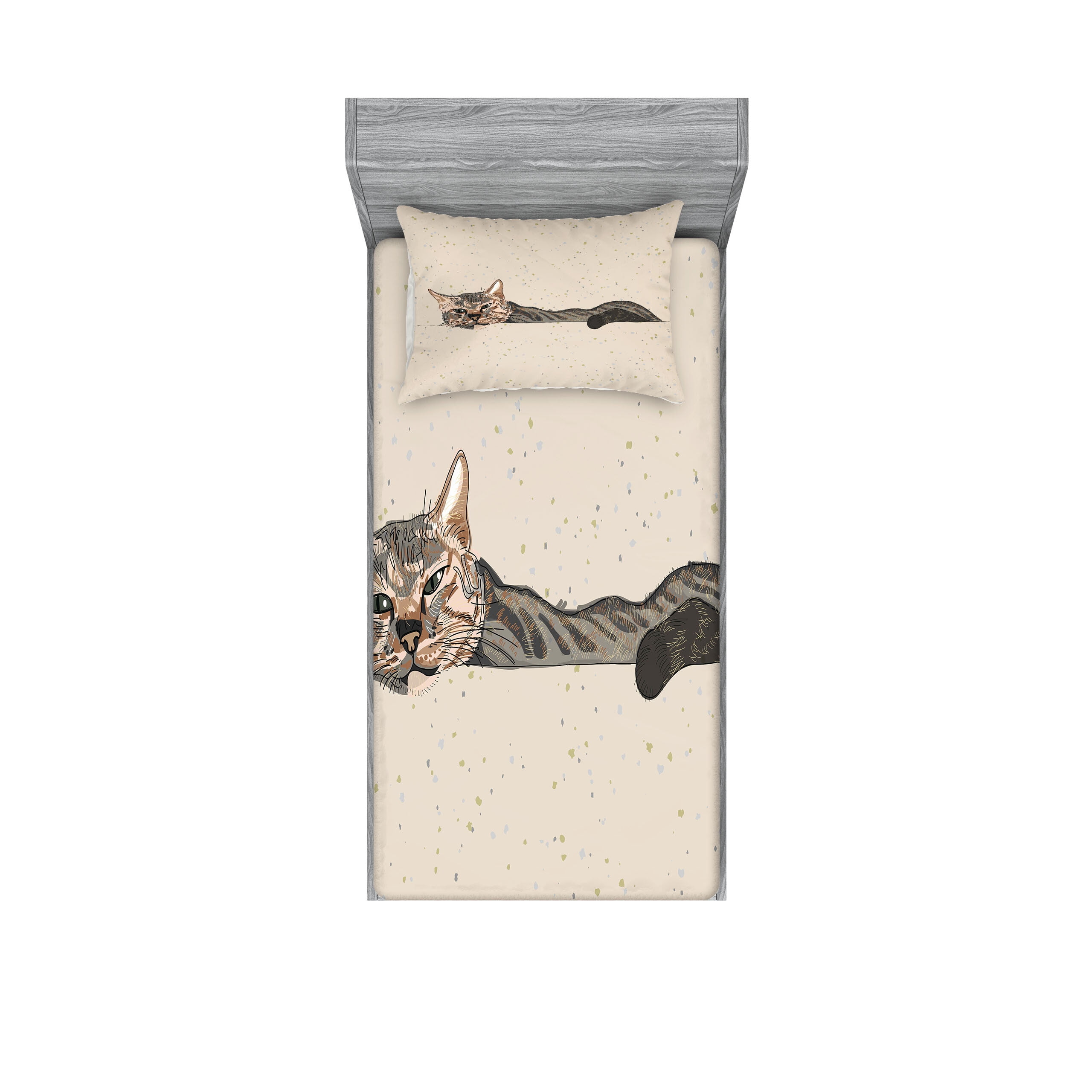 Cat Fitted Sheet & Pillow Sham Set, Lazy Sleepy Cat in Earth Tones