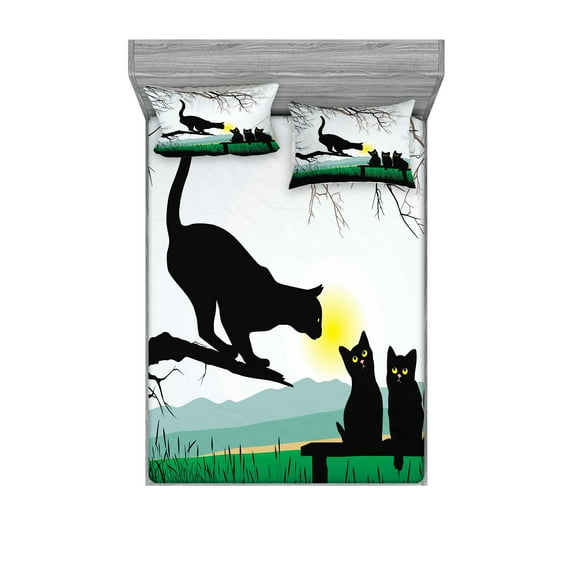 Cat Fitted Sheet & Pillow Sham Set, Mother Cat on Tree Branch and Kittens in Park Best Friends I Love My Kitty Graphic, Decorative Printed 6 Piece Bedding Decor Set, Calking, Multicolor, by Ambesonne