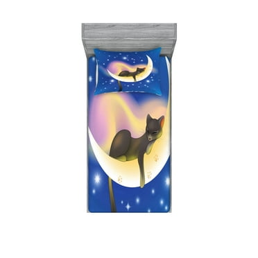 Cat Fitted Sheet & Pillow Sham Set, Cat Sleeping on Crescent Moon Stars Night Dreams Themed Design, Decorative Printed 4 Piece Bedding Decor Set, Twin, Yellow Blue, by Ambesonne