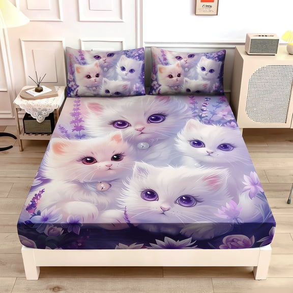 Cat Fitted Sheet Set Queen Size,Floral Bedding Animal Themed Fitted Sheet for Kids Girls Bedroom Aesthetic Decor.