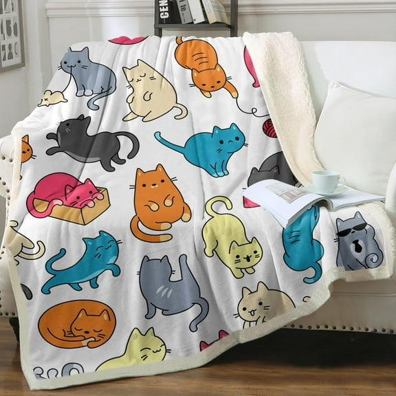 Cat Fleece Blanket Kitten Blanket for Girls Kids Cute Animals Pet Sherpa Plush Blanket Colorful Kawaii Cat Throw Blankets Super Soft Warm and Comfy Cat Lover Gifts (50" X 60")