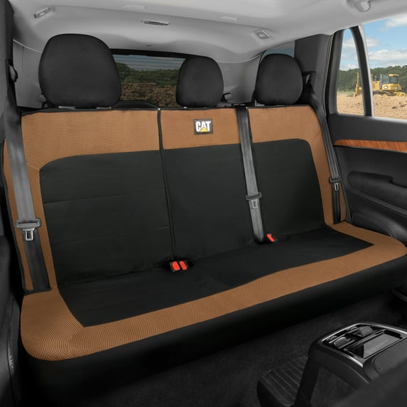 Cat Flexfit Rear Bench Seat Cover for Car Truck SUV, Durable Canvas Mesh Design, 60/40 Split Bench Auto Protector, Beige & Black